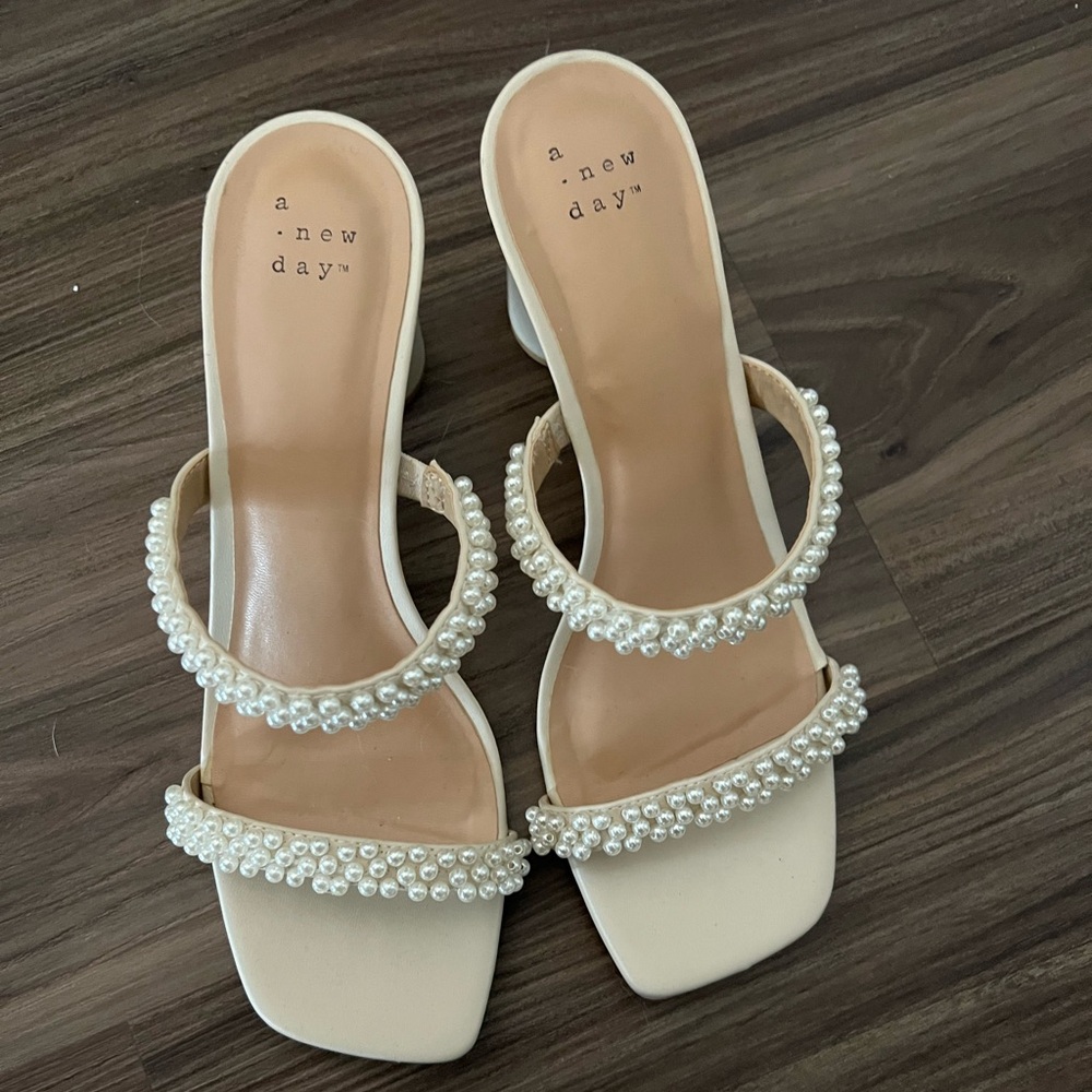 A New Day Audra Mule Heels Cream with Pearls